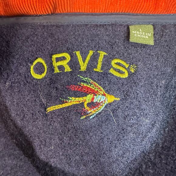 Orvis Boys Large Wool Pullover Sweater Navy Blue Red Trim Elbow Patches - Picture 3 of 7